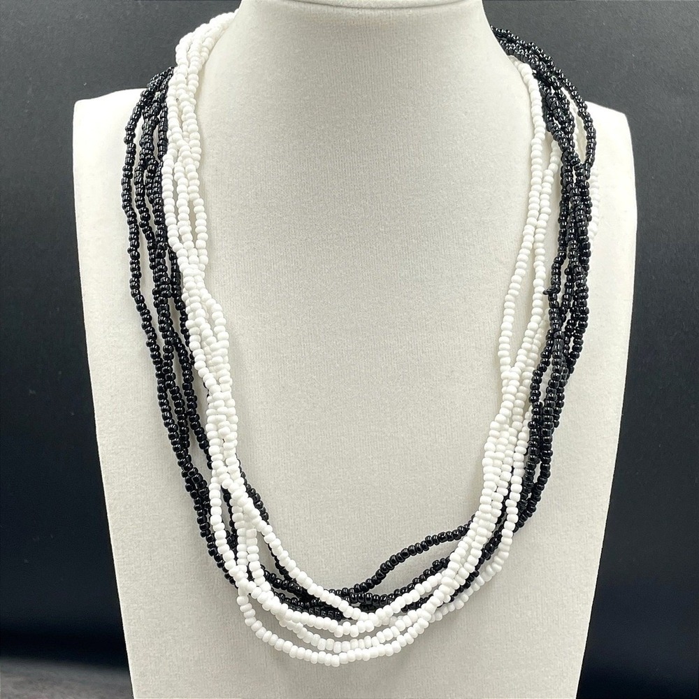 Vintage Multi-Strand Black White Glass Seed Retro Beaded Necklace - Size 20"